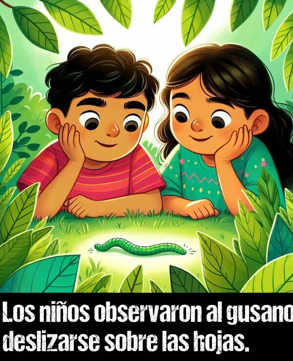 observaron: Los nios observaron al gusano deslizarse sobre las hojas.