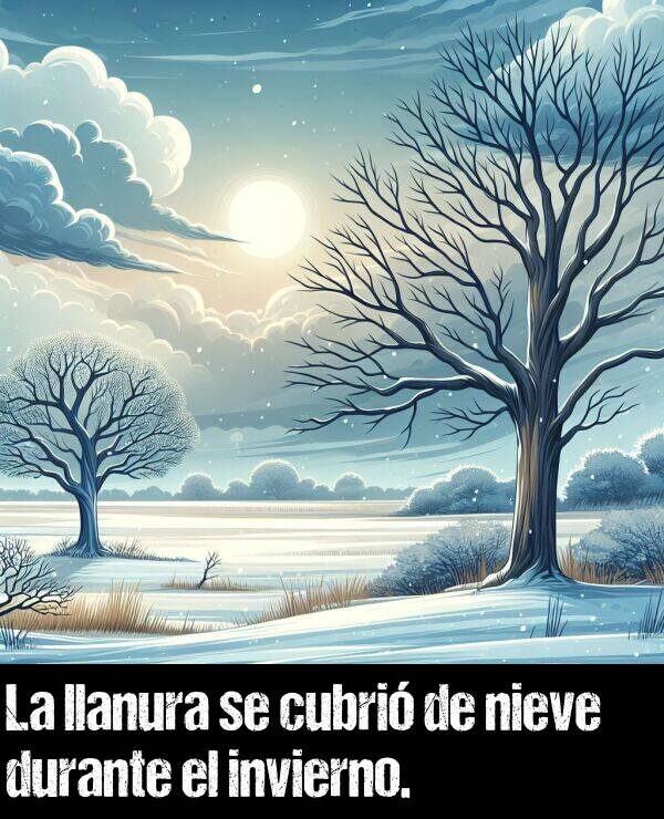 nieve: La llanura se cubri de nieve durante el invierno.