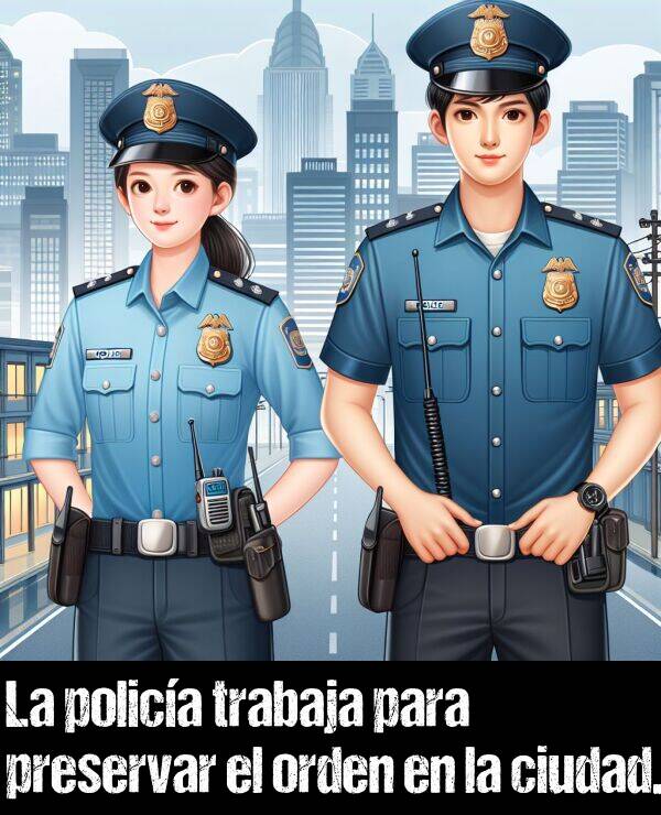 polica: La polica trabaja para preservar el orden en la ciudad.