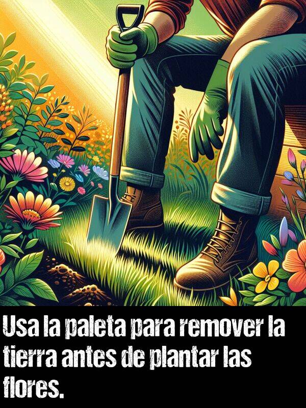 tierra: Usa la paleta para remover la tierra antes de plantar las flores.