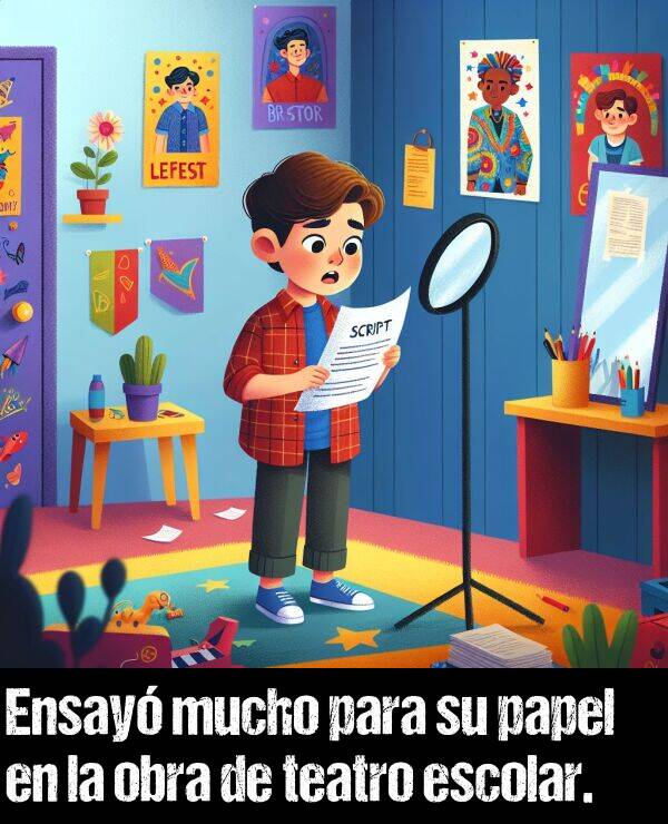 obra: Ensay mucho para su papel en la obra de teatro escolar.