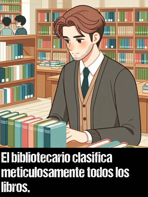 bibliotecario: El bibliotecario clasifica meticulosamente todos los libros.