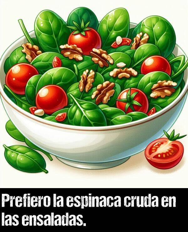 cruda: Prefiero la espinaca cruda en las ensaladas.