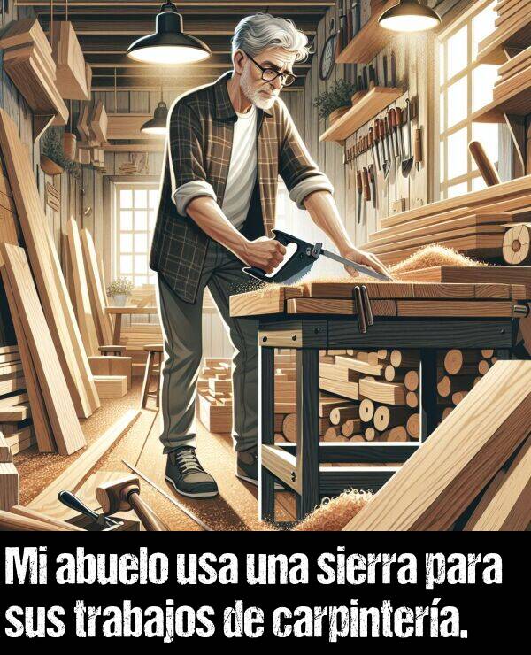 carpintera: Mi abuelo usa una sierra para sus trabajos de carpintera.