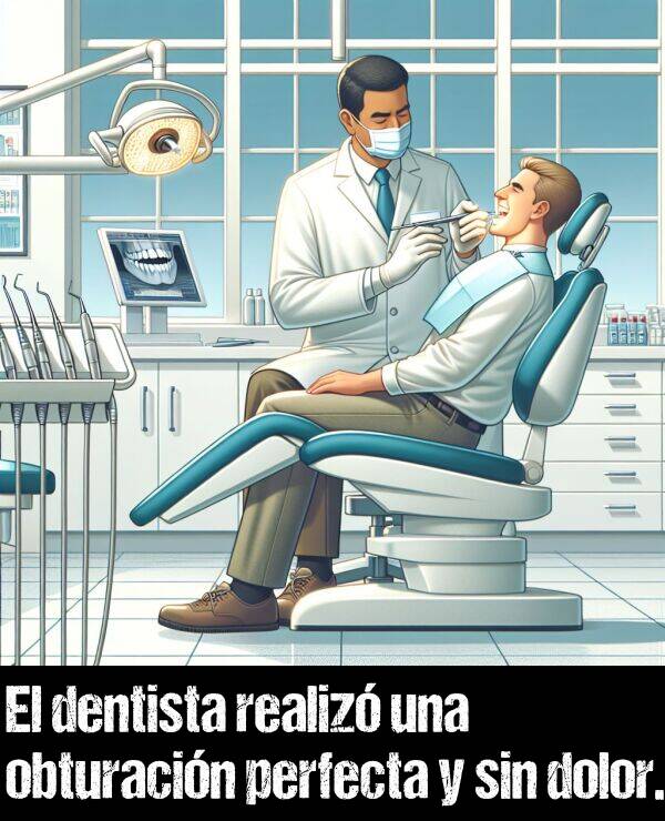 obturación: El dentista realizó una obturación perfecta y sin dolor.