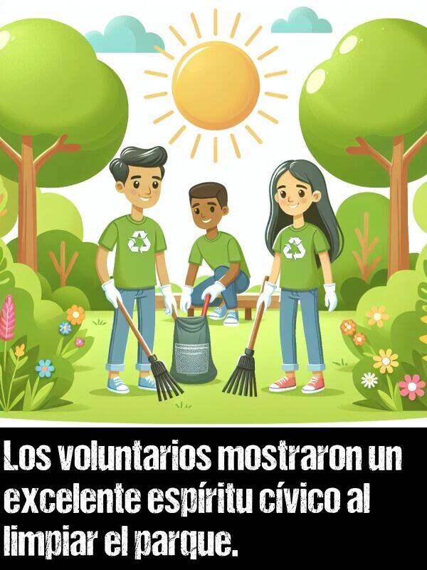 voluntarios: Los voluntarios mostraron un excelente espritu cvico al limpiar el parque.
