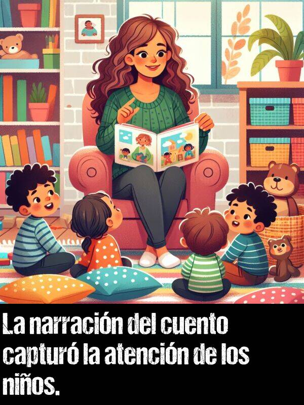 narracin: La narracin del cuento captur la atencin de los nios.