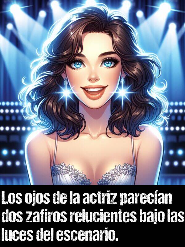 escenario: Los ojos de la actriz parecan dos zafiros relucientes bajo las luces del escenario.