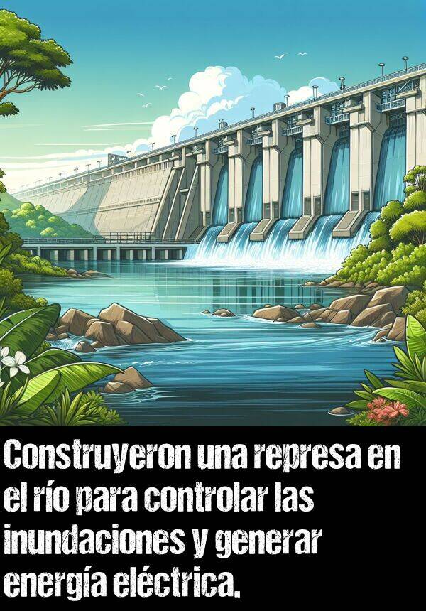 controlar: Construyeron una represa en el ro para controlar las inundaciones y generar energa elctrica.