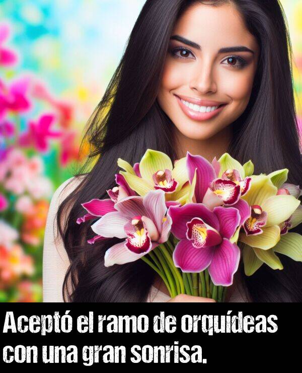 acept: Acept el ramo de orqudeas con una gran sonrisa.