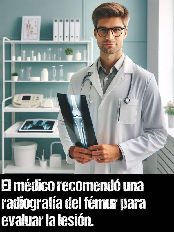 evaluar: El mdico recomend una radiografa del fmur para evaluar la lesin.