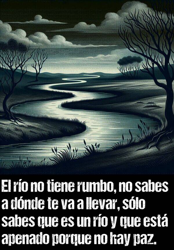 llevar: El ro no tiene rumbo, no sabes a dnde te va a llevar, slo sabes que es un ro y que est apenado porque no hay paz.