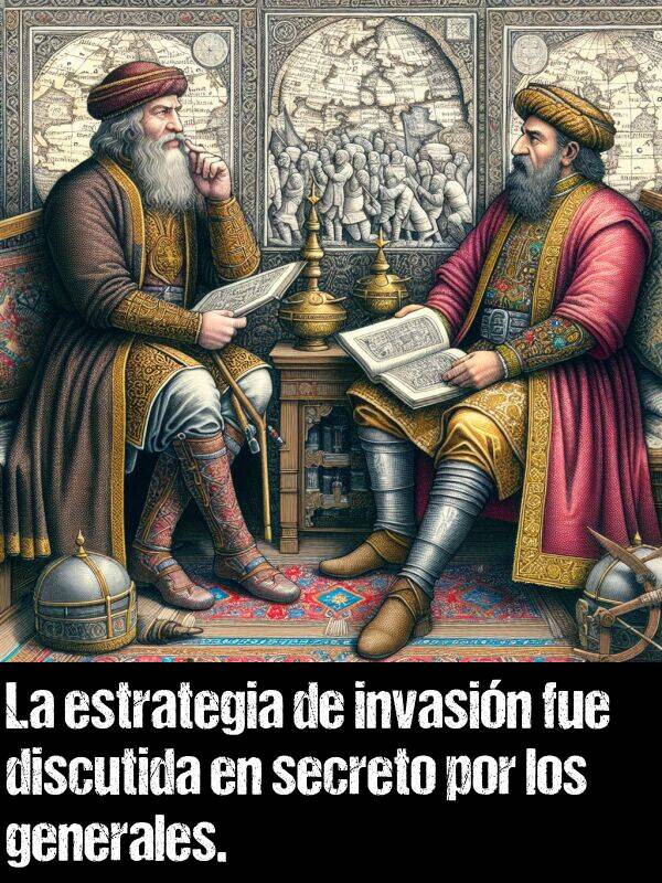 generales: La estrategia de invasin fue discutida en secreto por los generales.