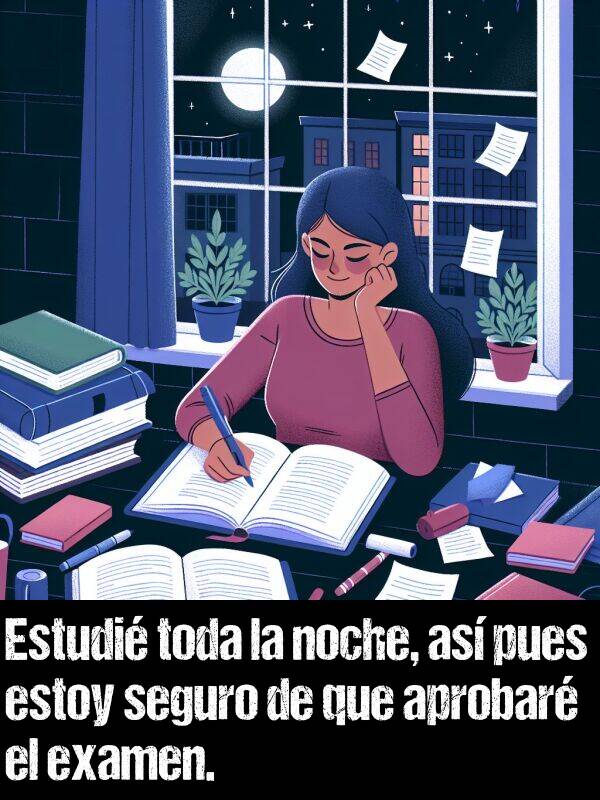 aprobar: Estudi toda la noche, as pues estoy seguro de que aprobar el examen.