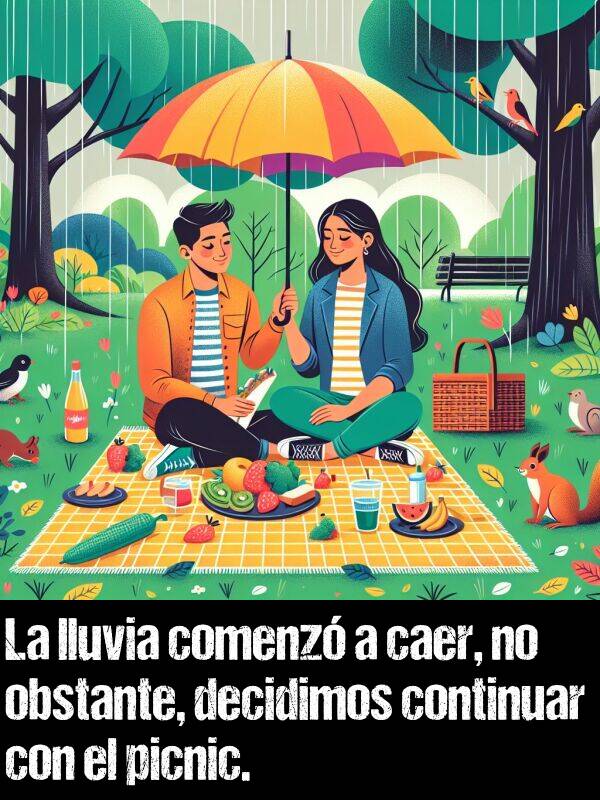 decidimos: La lluvia comenz a caer, no obstante, decidimos continuar con el picnic.