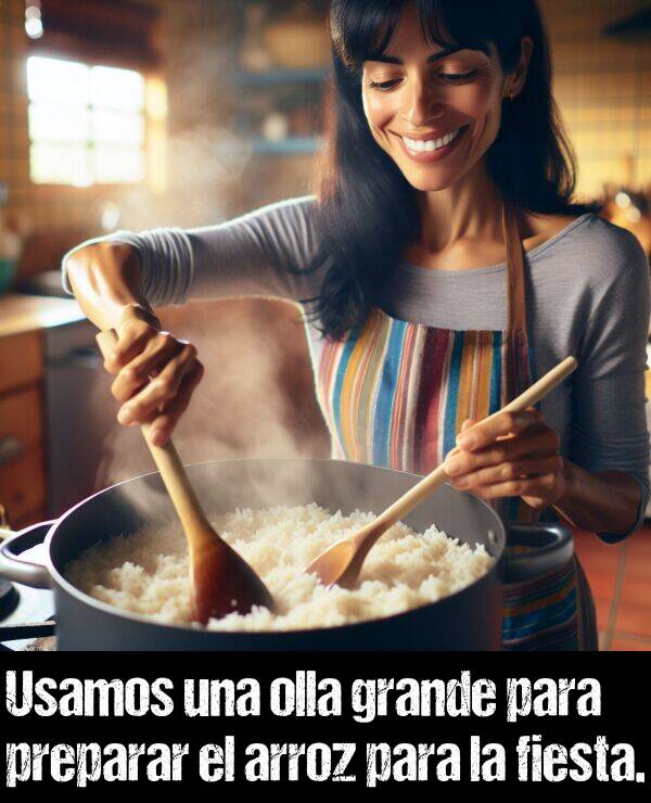 arroz: Usamos una olla grande para preparar el arroz para la fiesta.