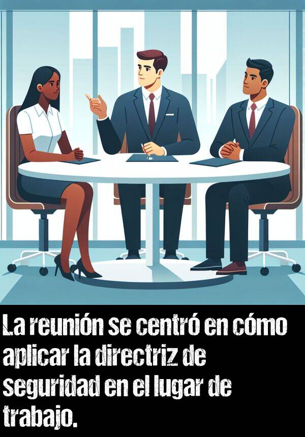 aplicar: La reunin se centr en cmo aplicar la directriz de seguridad en el lugar de trabajo.