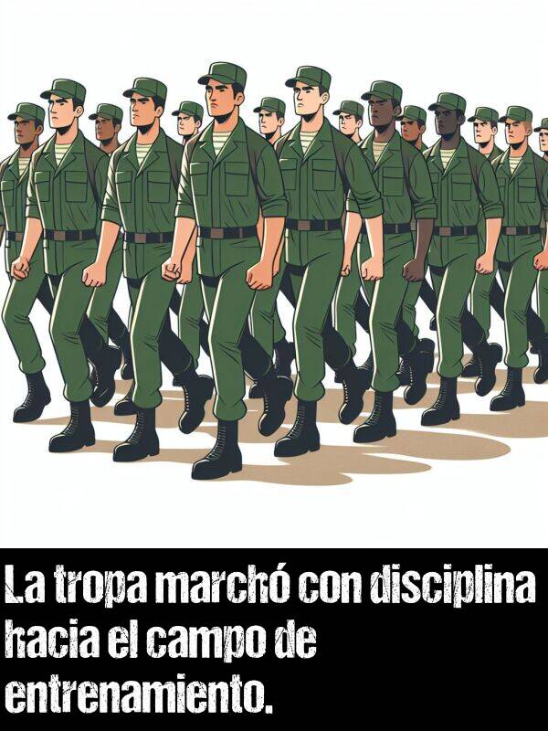 march: La tropa march con disciplina hacia el campo de entrenamiento.