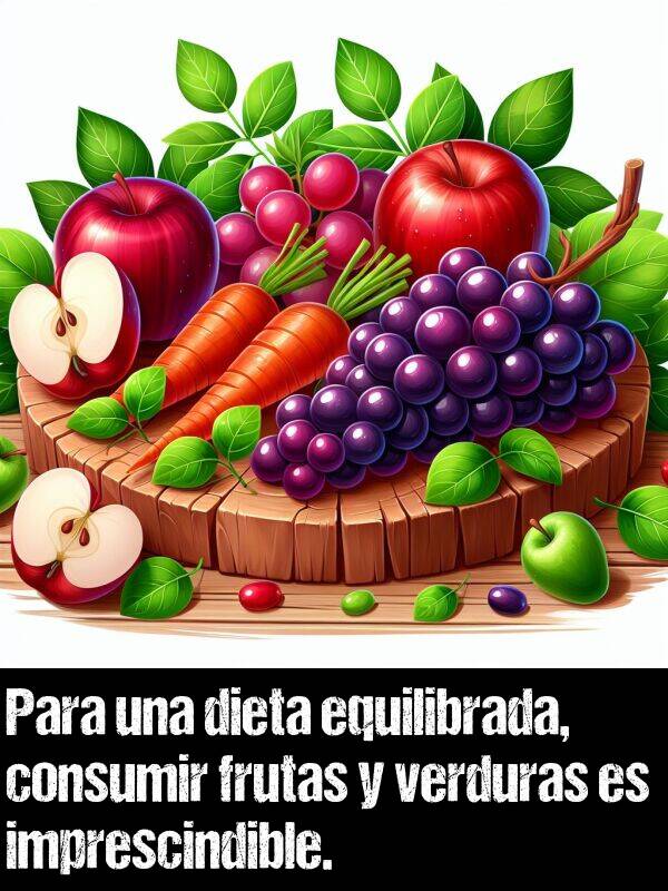 equilibrada: Para una dieta equilibrada, consumir frutas y verduras es imprescindible.