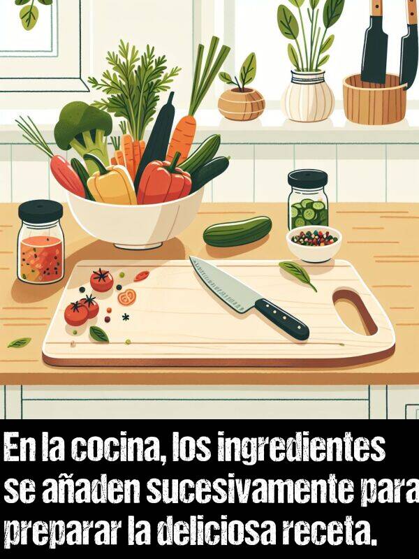 deliciosa: En la cocina, los ingredientes se aaden sucesivamente para preparar la deliciosa receta.