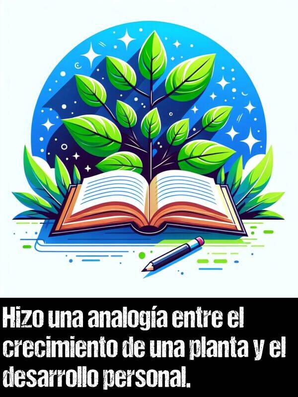 analoga: Hizo una analoga entre el crecimiento de una planta y el desarrollo personal.