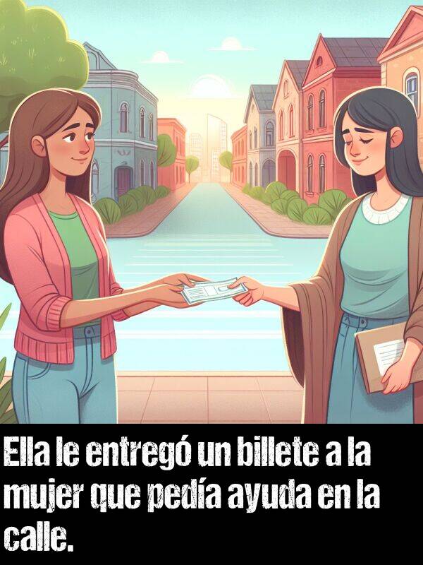 billete: Ella le entreg un billete a la mujer que peda ayuda en la calle.