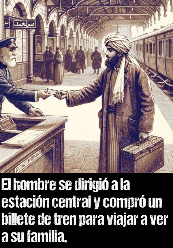 billete: El hombre se dirigi a la estacin central y compr un billete de tren para viajar a ver a su familia.