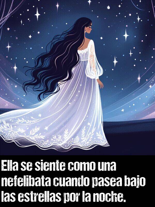 nefelibata: Ella se siente como una nefelibata cuando pasea bajo las estrellas por la noche.
