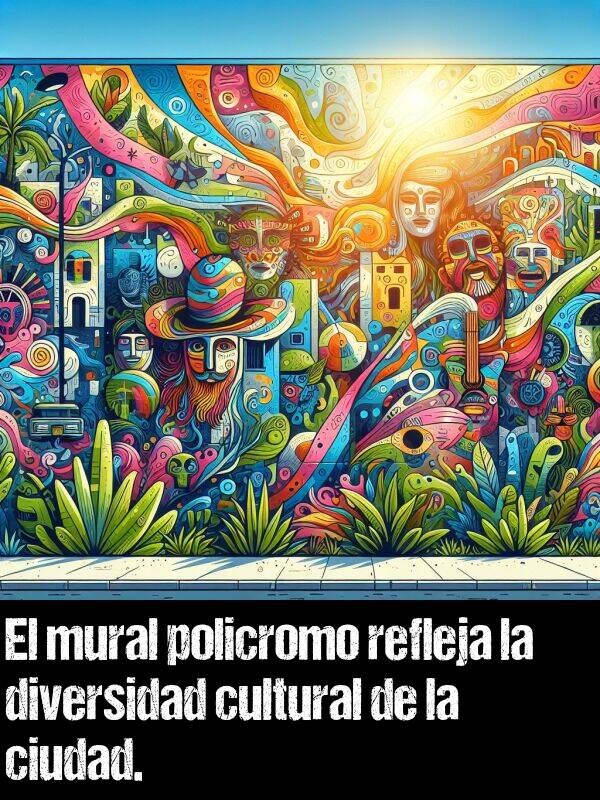 refleja: El mural policromo refleja la diversidad cultural de la ciudad.