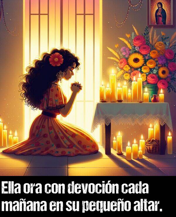 devocin: Ella ora con devocin cada maana en su pequeo altar.