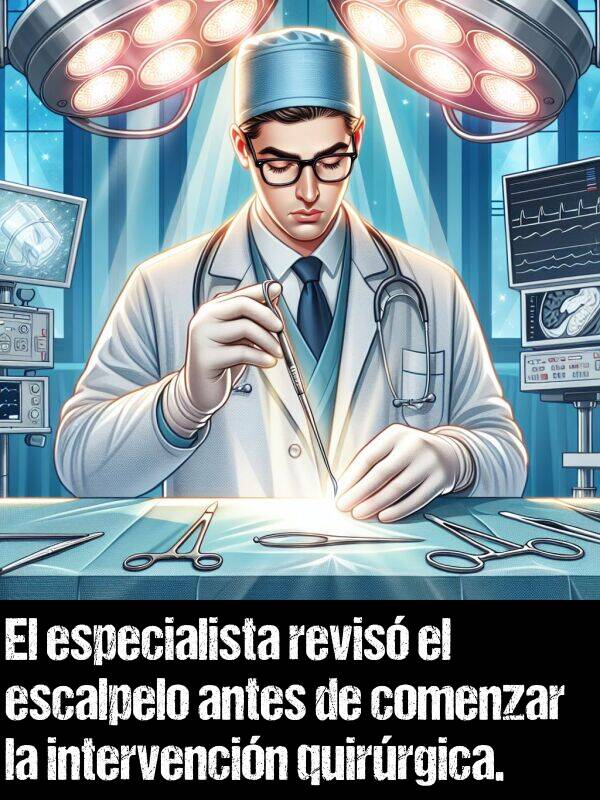 escalpelo: El especialista revisó el escalpelo antes de comenzar la intervención quirúrgica.