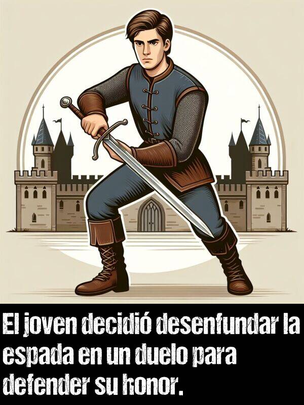 desenfundar: El joven decidió desenfundar la espada en un duelo para defender su honor.
