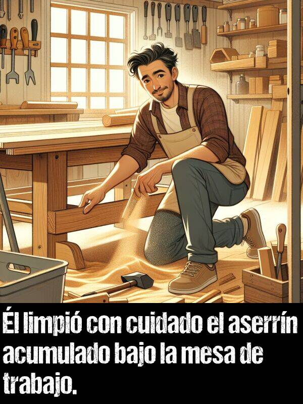 aserrn: l limpi con cuidado el aserrn acumulado bajo la mesa de trabajo.