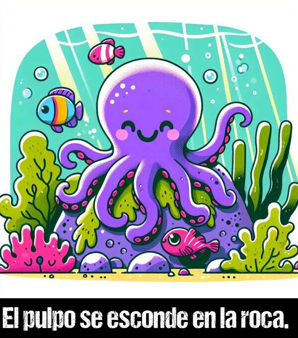 pulpo: El pulpo se esconde en la roca.
