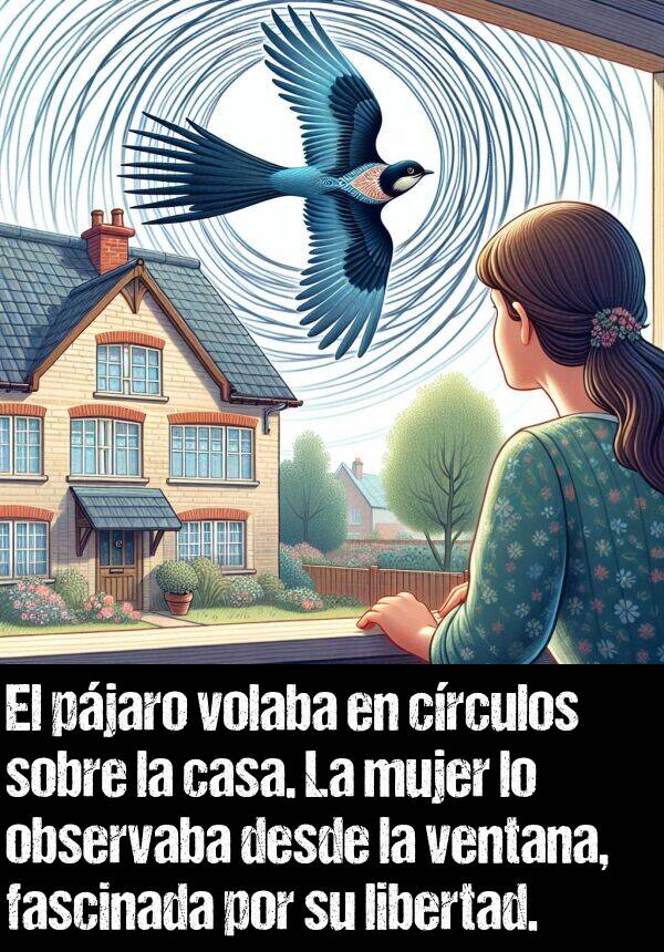 fascinada: El pjaro volaba en crculos sobre la casa. La mujer lo observaba desde la ventana, fascinada por su libertad.