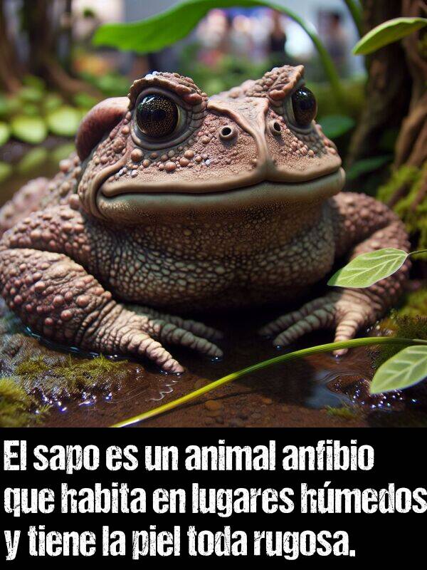 rugosa: El sapo es un animal anfibio que habita en lugares hmedos y tiene la piel toda rugosa.