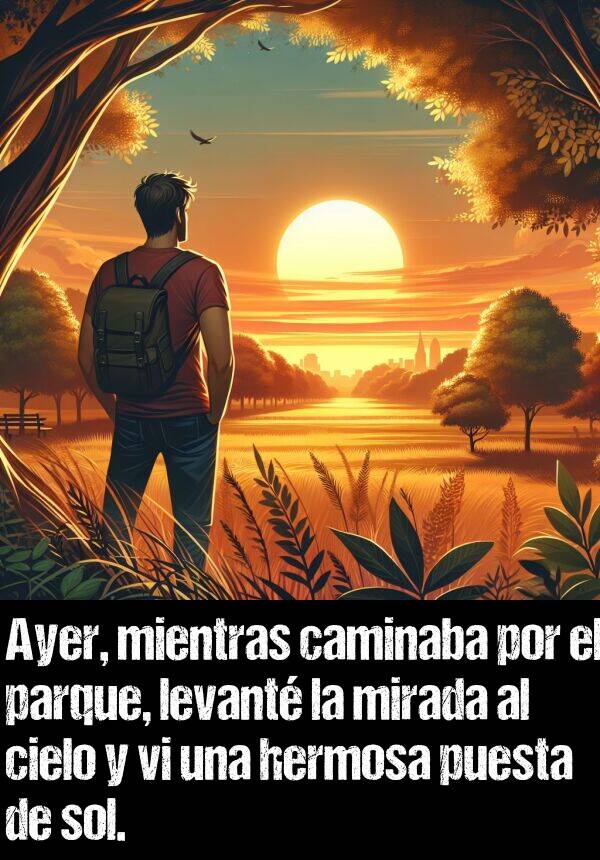 mirada: Ayer, mientras caminaba por el parque, levant la mirada al cielo y vi una hermosa puesta de sol.