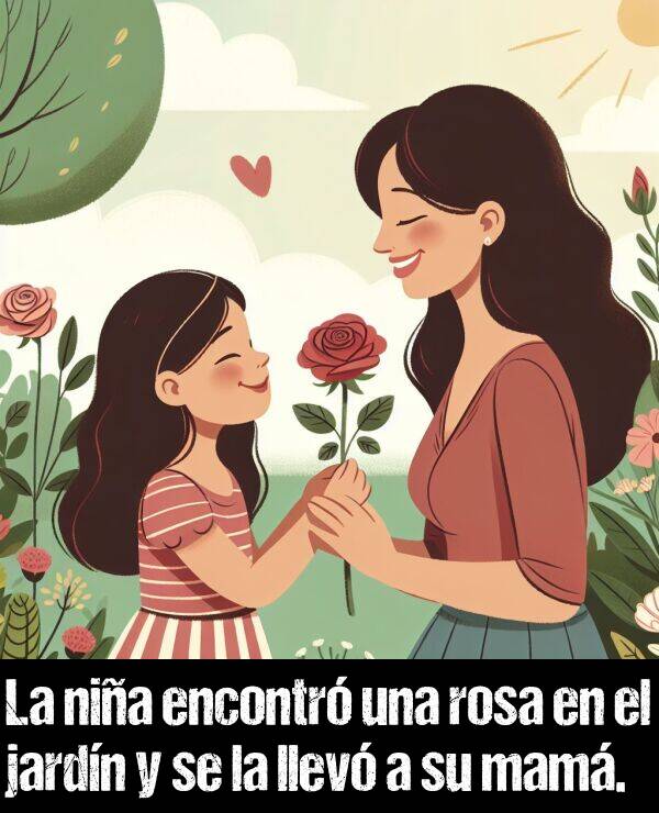 rosa: La nia encontr una rosa en el jardn y se la llev a su mam.