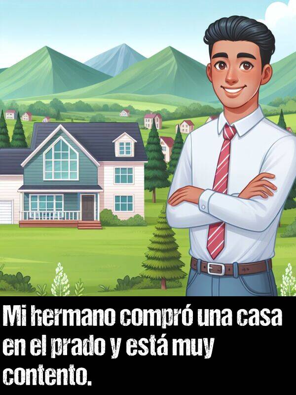 contento: Mi hermano compr una casa en el prado y est muy contento.