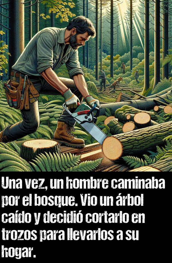 cado: Una vez, un hombre caminaba por el bosque. Vio un rbol cado y decidi cortarlo en trozos para llevarlos a su hogar.
