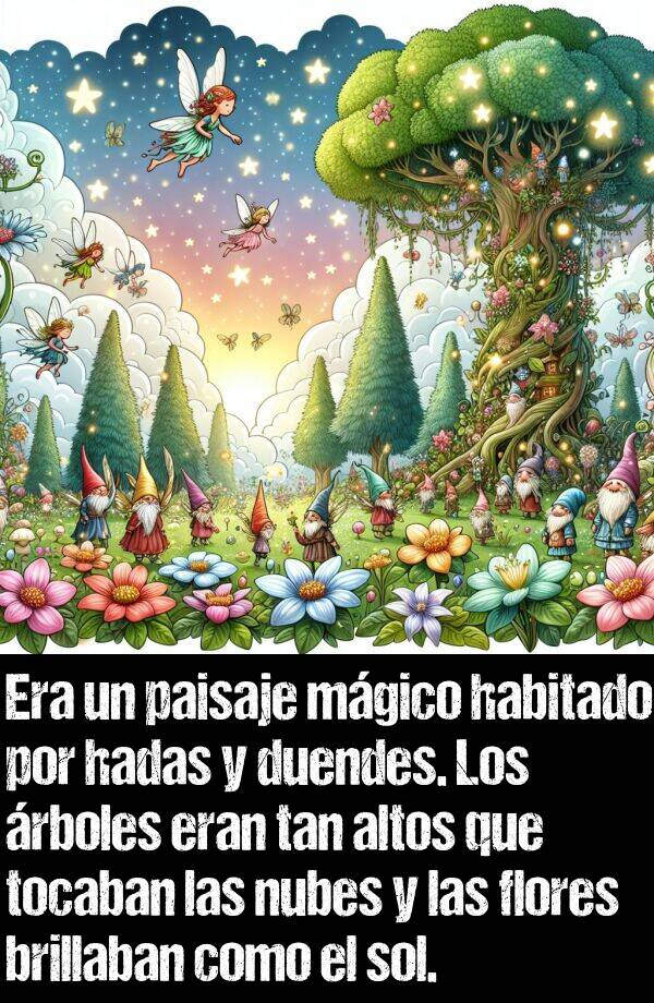 hadas: Era un paisaje mgico habitado por hadas y duendes. Los rboles eran tan altos que tocaban las nubes y las flores brillaban como el sol.
