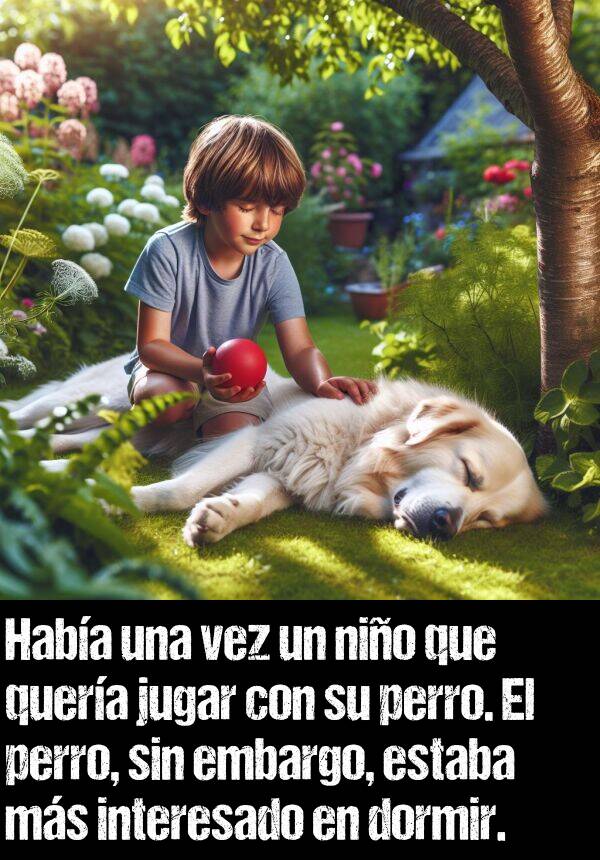 dormir: Haba una vez un nio que quera jugar con su perro. El perro, sin embargo, estaba ms interesado en dormir.
