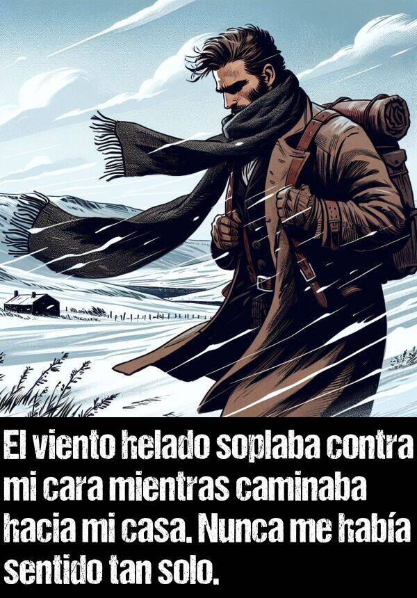 mientras: El viento helado soplaba contra mi cara mientras caminaba hacia mi casa. Nunca me haba sentido tan solo.