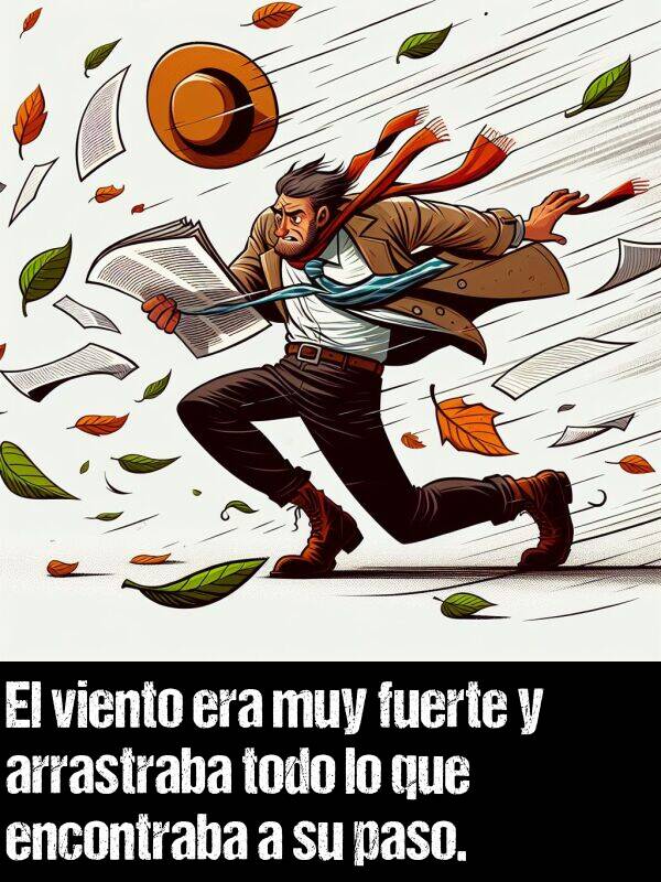 fuerte: El viento era muy fuerte y arrastraba todo lo que encontraba a su paso.
