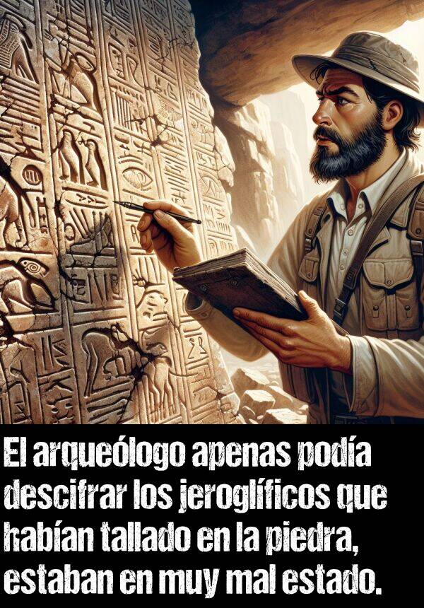 estado: El arquelogo apenas poda descifrar los jeroglficos que haban tallado en la piedra, estaban en muy mal estado.
