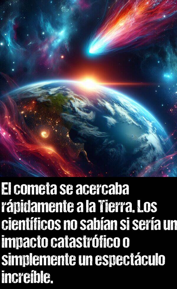 rpidamente: El cometa se acercaba rpidamente a la Tierra. Los cientficos no saban si sera un impacto catastrfico o simplemente un espectculo increble.