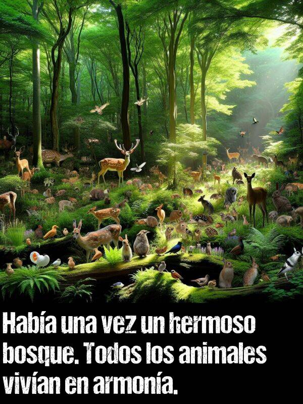 hermoso: Haba una vez un hermoso bosque. Todos los animales vivan en armona.