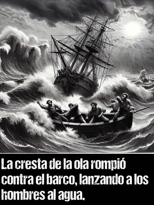 cresta: La cresta de la ola rompi contra el barco, lanzando a los hombres al agua.