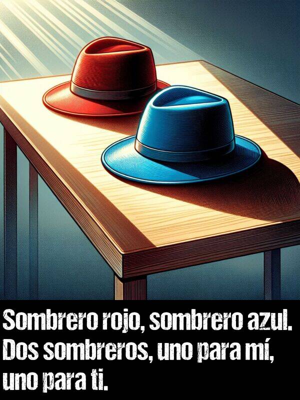 uno: Sombrero rojo, sombrero azul. Dos sombreros, uno para m, uno para ti.