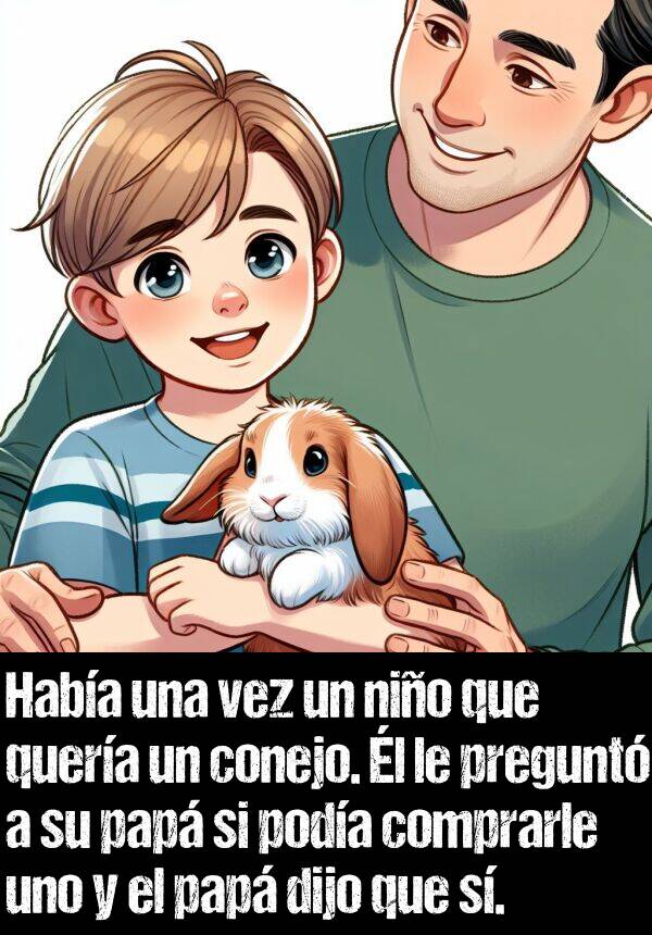 pregunt: Haba una vez un nio que quera un conejo. l le pregunt a su pap si poda comprarle uno y el pap dijo que s.